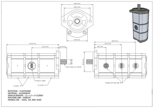 New Hydraulic Pump made to fit 322 Bobcat Mini Excavator with part # 6677829