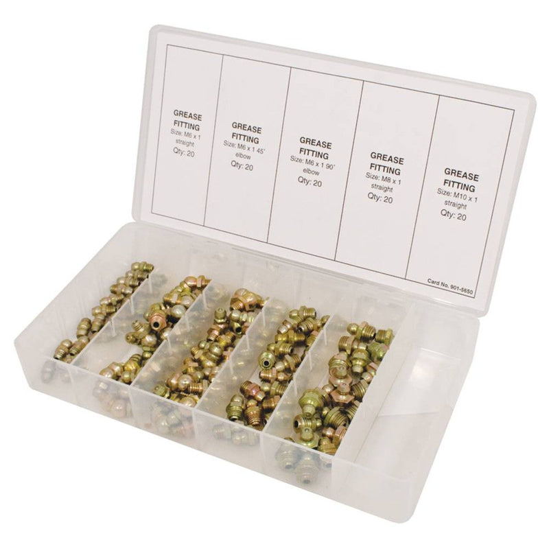 Load image into Gallery viewer, Metric Grease Fitting Kit 100 pieces Includes, 20 of M10 x 1 Straight 415-248
