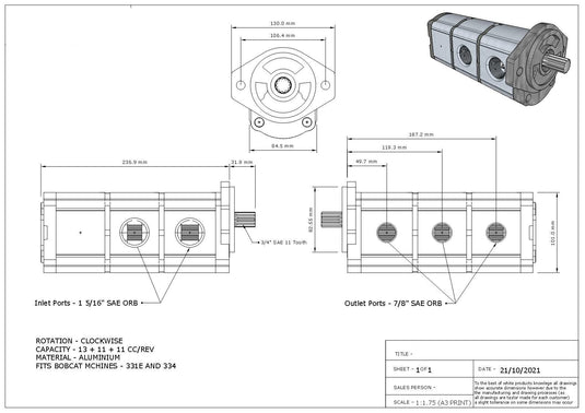 New Hydraulic Pump made to fit 331 Bobcat Mini Excavator with part